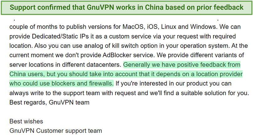 A screenshot showing customer support response on GnuVPN usage in China