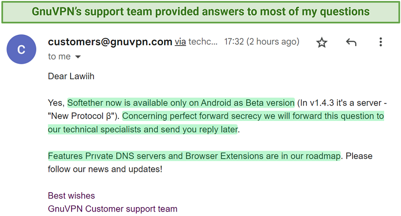 A screenshot showing GnuVPN provide answers to most of my questions