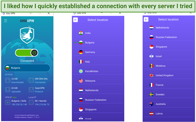 A screenshot showing all the server GnuVPN offers