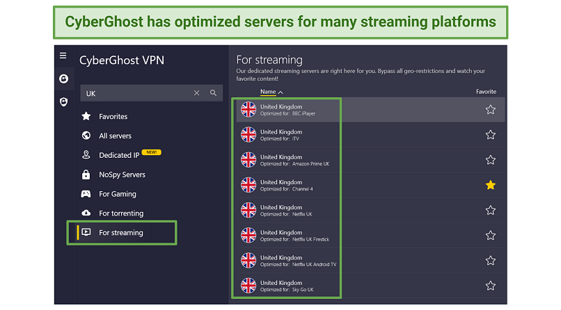 Screenshot of CyberGhost's streaming-optimized servers