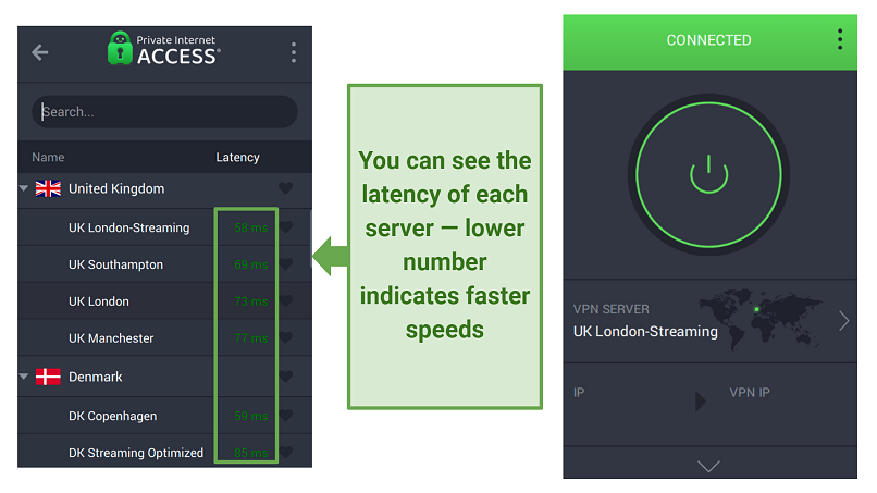 Screenshot of PIA's server network