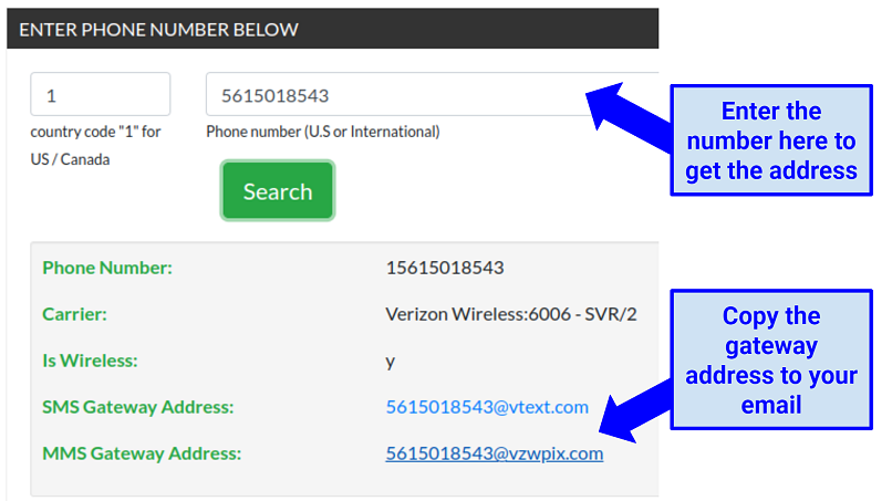 Graphic showing the instructions to find the gateway address of a mobile number using an online service