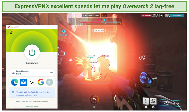 Screenshot of ExpressVPN delivering great speeds and ping in Overwatch 2