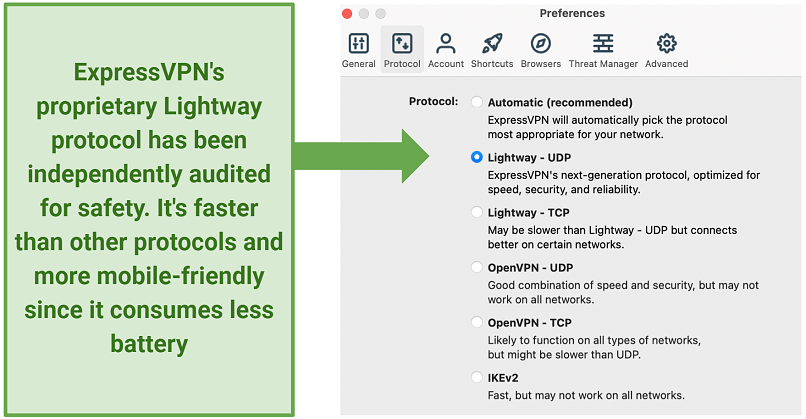 Screenshot of ExpressVPN protocols