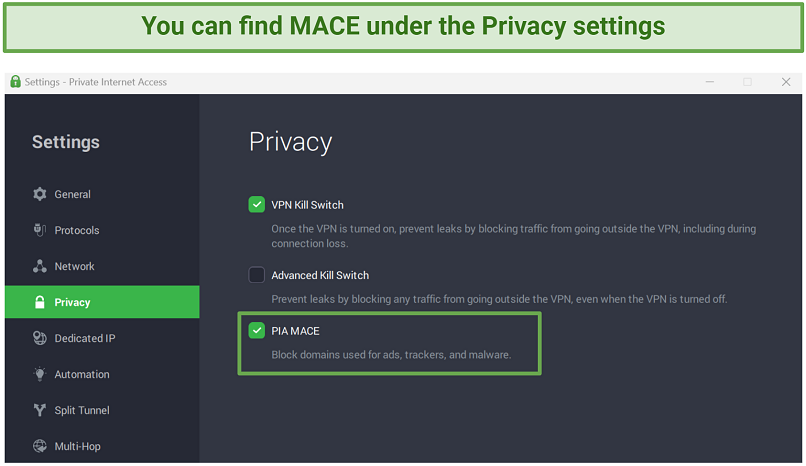 Screenshot of PIA's MACE settings