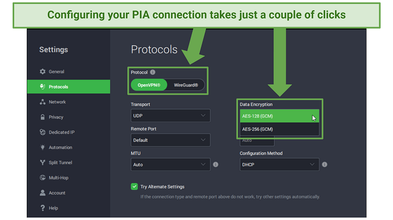 Screenshot of PIA's security settings