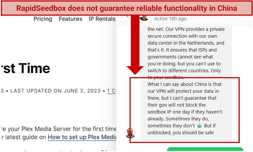 A screenshot showing RapidSeedbox's customer support in the use of the seedbox in China