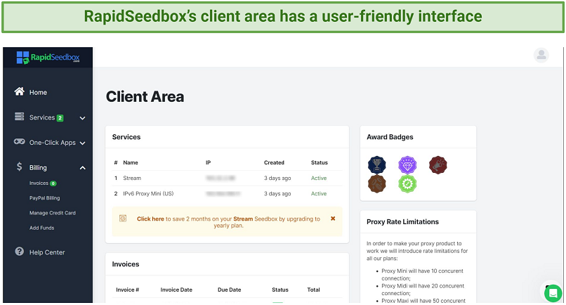 A screenshot showing RapidSeedbox's client area has a user-friendly interface