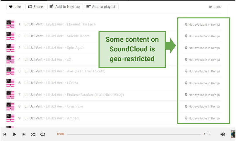 A screenshot of geo-restricted playlists on SoundCloud