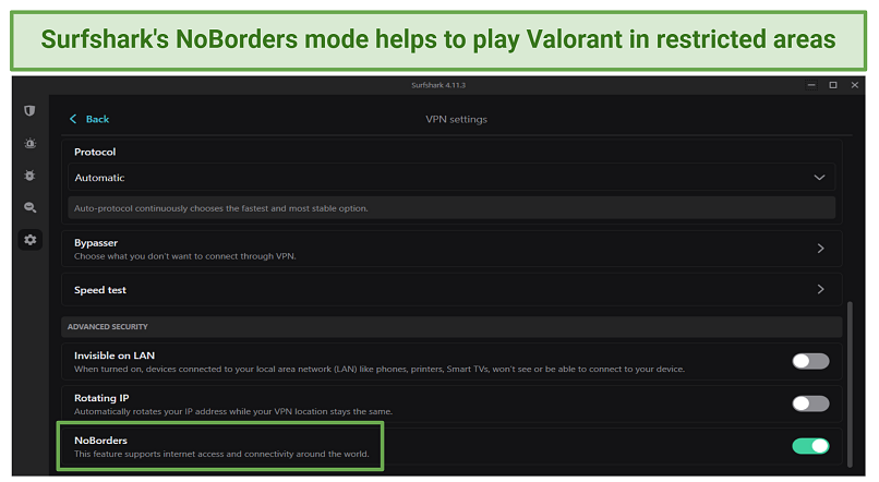 Screenshot of Surfshark's VPN settings with NoBorders enabled