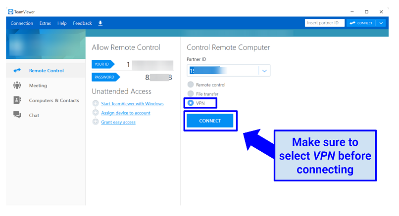 Screenshot of TeamViewer VPN connection screen