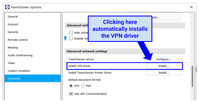 Screenshot of TeamViewer's VPN settings