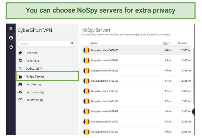 A screenshot of the CyberGhost's NoSpy servers