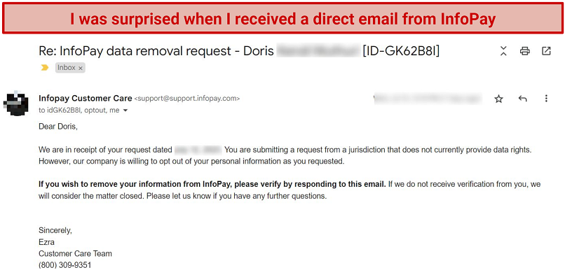 Screenshot of email received from data broker inquiring about a request to remove data.