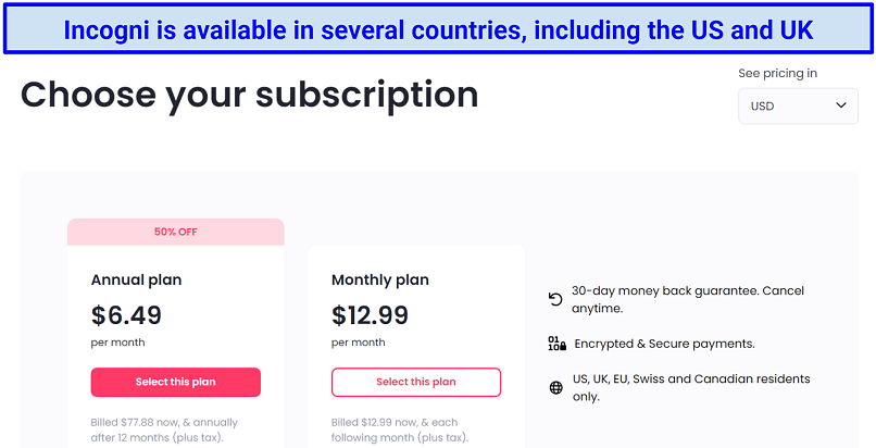 Screenshot of Incogni prices