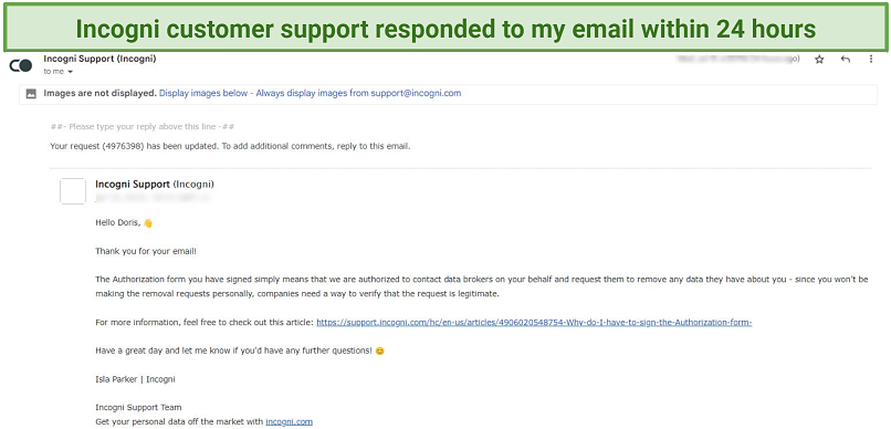 A snapshot of Incogni email support response