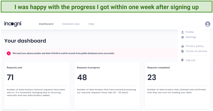 A screenshot showing the number of data brokers that Incogni contacted on my behalf