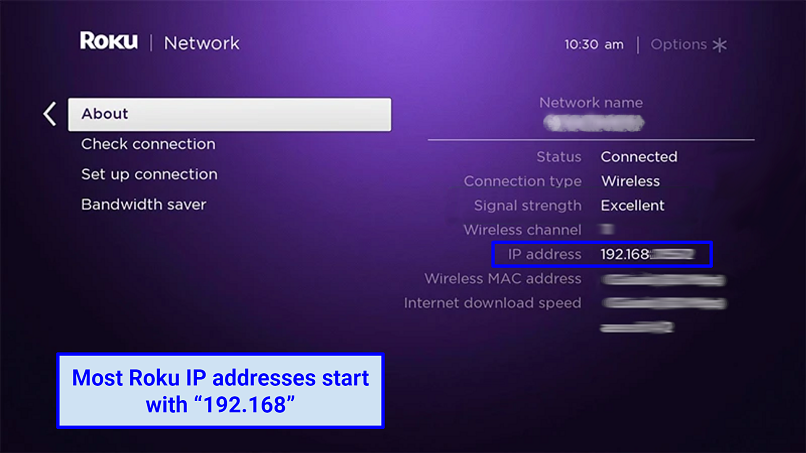 Graphic showing an image of the Roku About window from Network Settings, indicating that most Roku IP addresses start with 