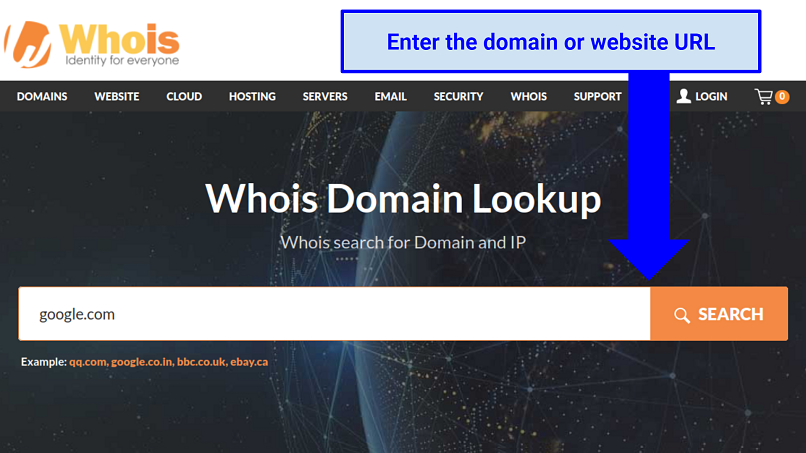 Graphic containing a screenshot of the Whois Domain Lookup landing page and instructions to find website registration information