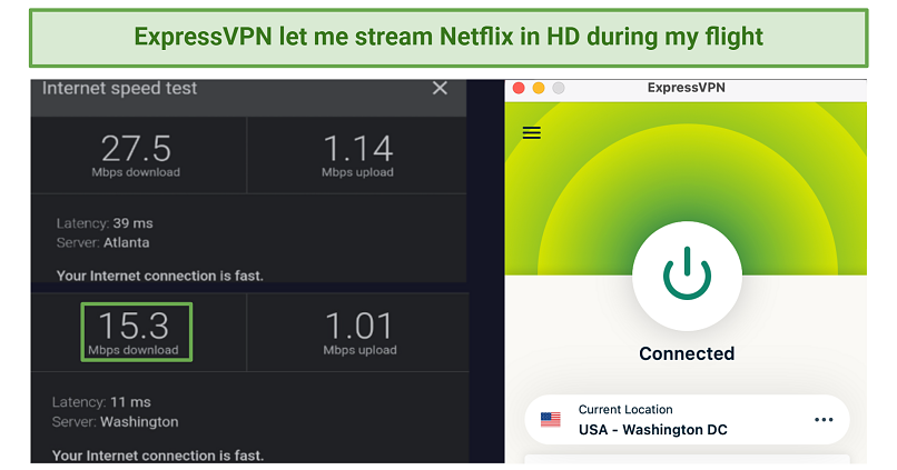 A screenshot of the ExpressVPN speed test on airplane WiFi