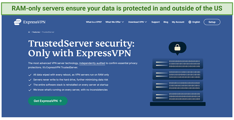 Screenshot from ExpressVPN's website explaining how its RAM-based servers protect your data