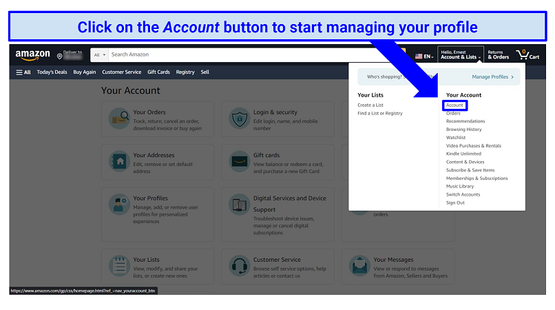 Screenshot of Amazon Account page