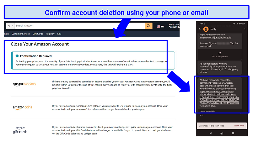 Screenshot showing how to confirm Amazon account deletion