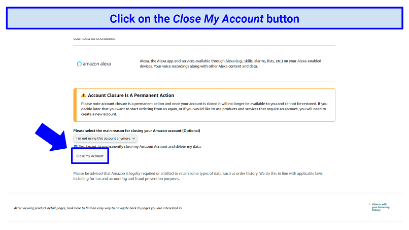 Screenshot of Amazon's account deletion page
