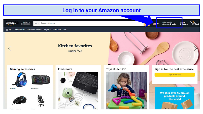 A screenshot of the Amazon homepage