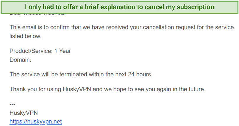 A screenshot showing HuskyVPN confirming a refund request