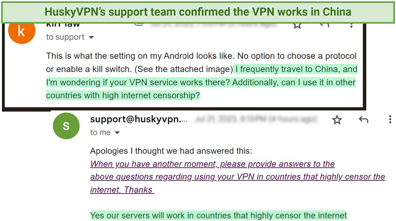A screenshot showing HuskyVPN works in China and other countries that highly censor the internet