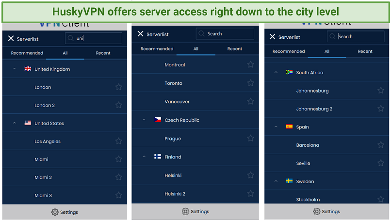 A screenshot showing HuskyVPN has city-level servers
