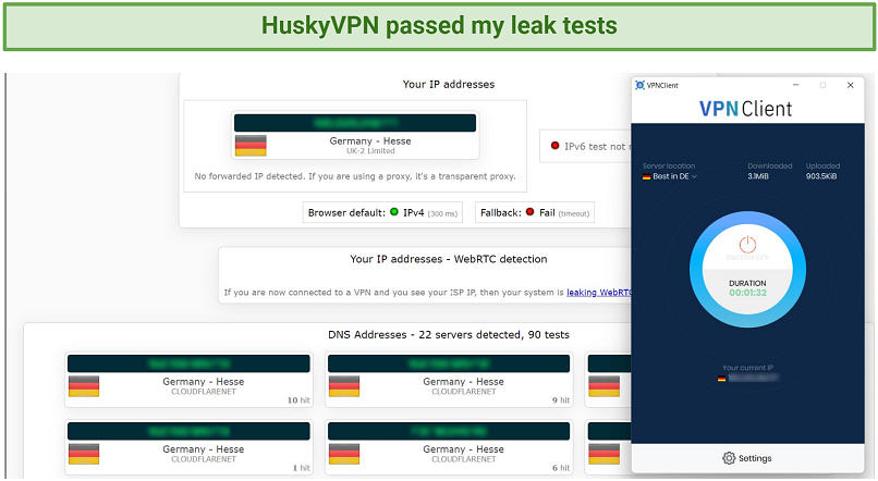 A screenshot showing HuskyVPN passed IP/DNS leak tests