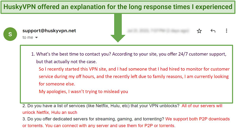 A screenshot showing the reason for HuskyVPN's absence of 24/7 customer support.