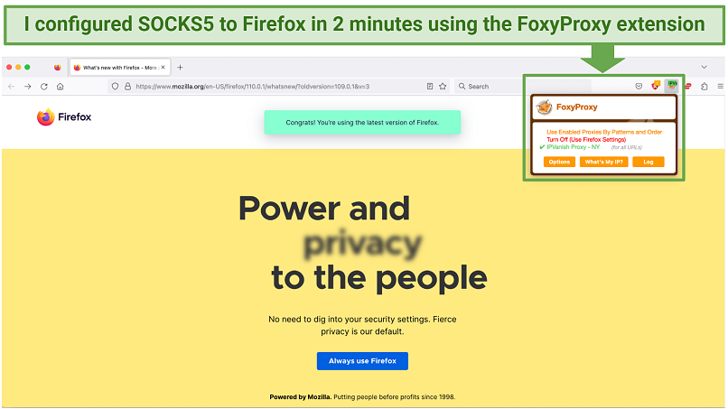 Screenshot showing a Firefox browser connected to a SOCKS5 proxy in New York