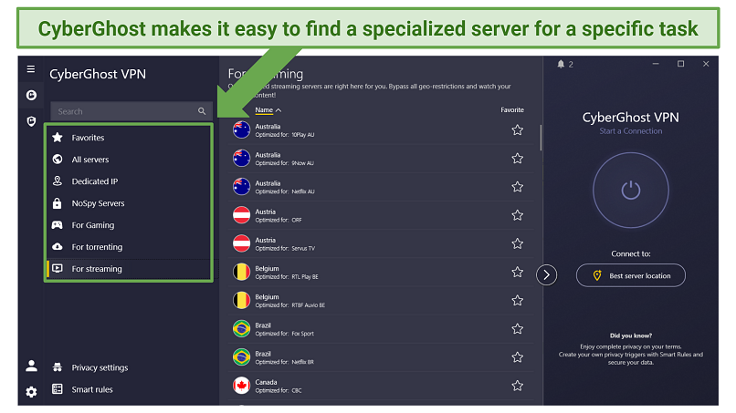 A screenshot of CyberGhost's app, showing its optimized servers list