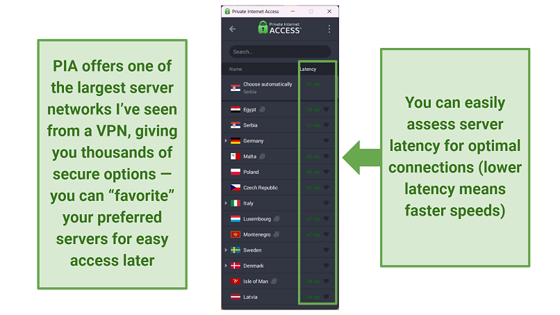 Screenshot of PIA's server network