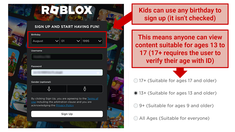 A screenshot of Roblox sign up page