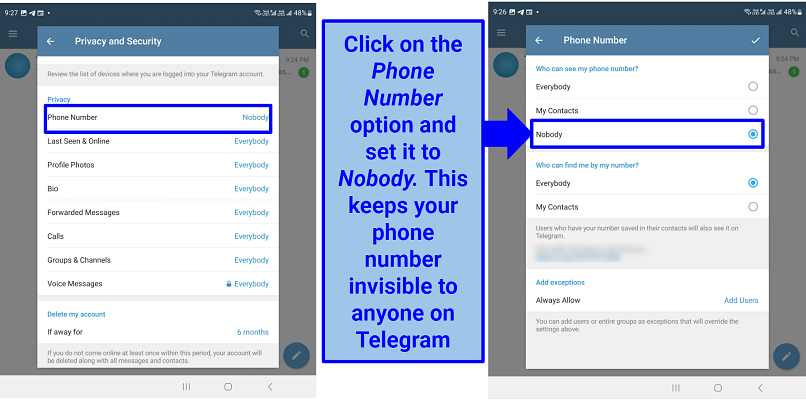 Screenshot of Telegram's Phone Number settings