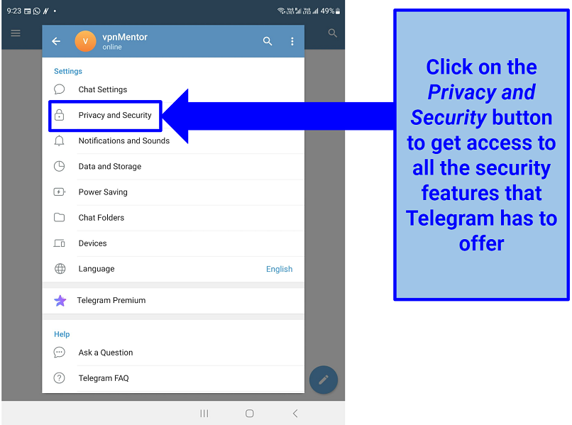 Screenshot of Telegram's settings panel