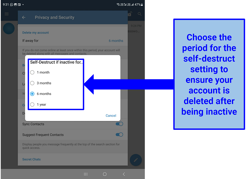 Screenshot of Telegram's self-destruct settings