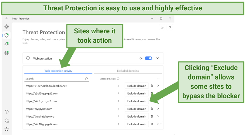 screenshot showing NordVPN's threat protection feature displaying which sites it blocked threats on