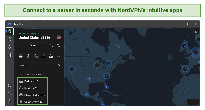 Screenshot of NordVPN app with interactive server map