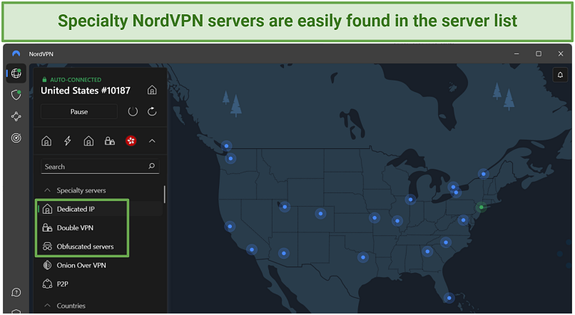 Screenshot of NordVPN app with specialized servers
