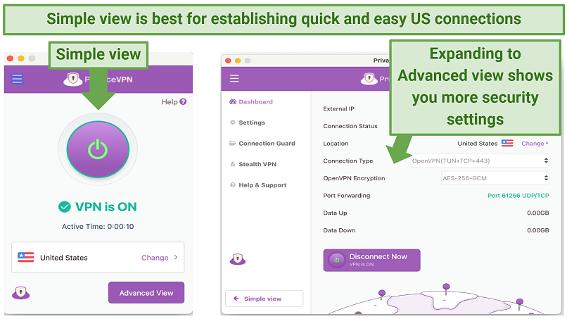 Screenshot showing PrivateVPN's Simple and Advanced views