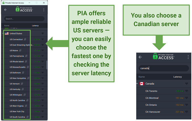 A screenshot of PIA's US and Canada servers
