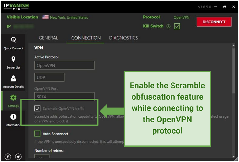 A screenshot of IPVanish Scramble obfuscation on the Windows app