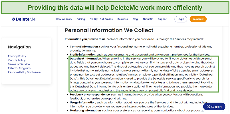 A snapshot of DeleteMe's privacy policy