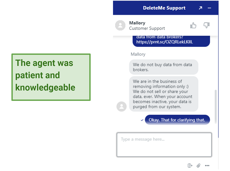 A snapshot showing a chat with DeleteMe 24/7 chat support