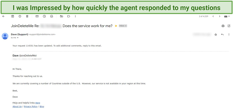 A snapshot of DeleteMe email support response